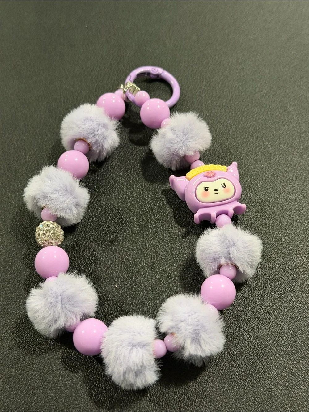 Lilac Furry Bead Keychain with Cute Character Charm